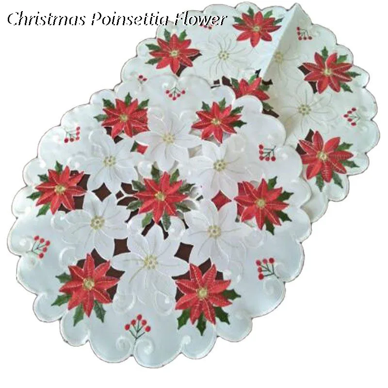 

Popular Christmas Poinsettia Flower embroidery table place mat pad Cloth dish placemat cup tea coaster dining doily kitchen