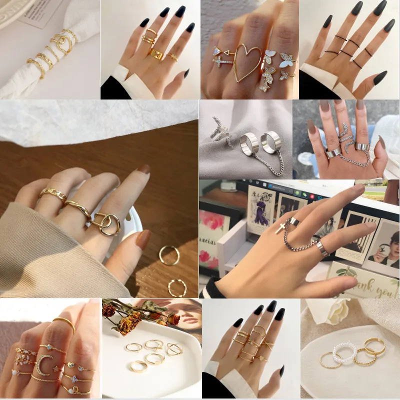 

Vintage Heart Irregular Chain Joint Ring Set for Women Retro Charm Butterfly Finger Jewelry