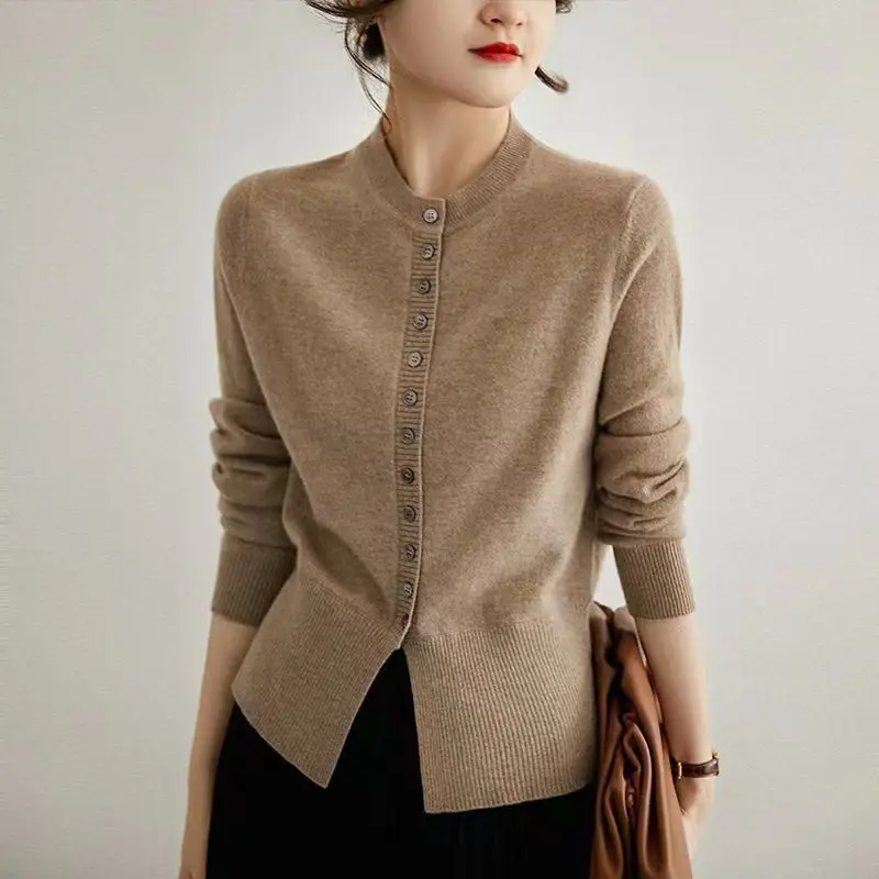 

Autumn Winter 2022 Elegant Women O-Neck Cotton Cardigan Coat Single-Breasted Long Sleeves Comfortable Knit Camel Tops
