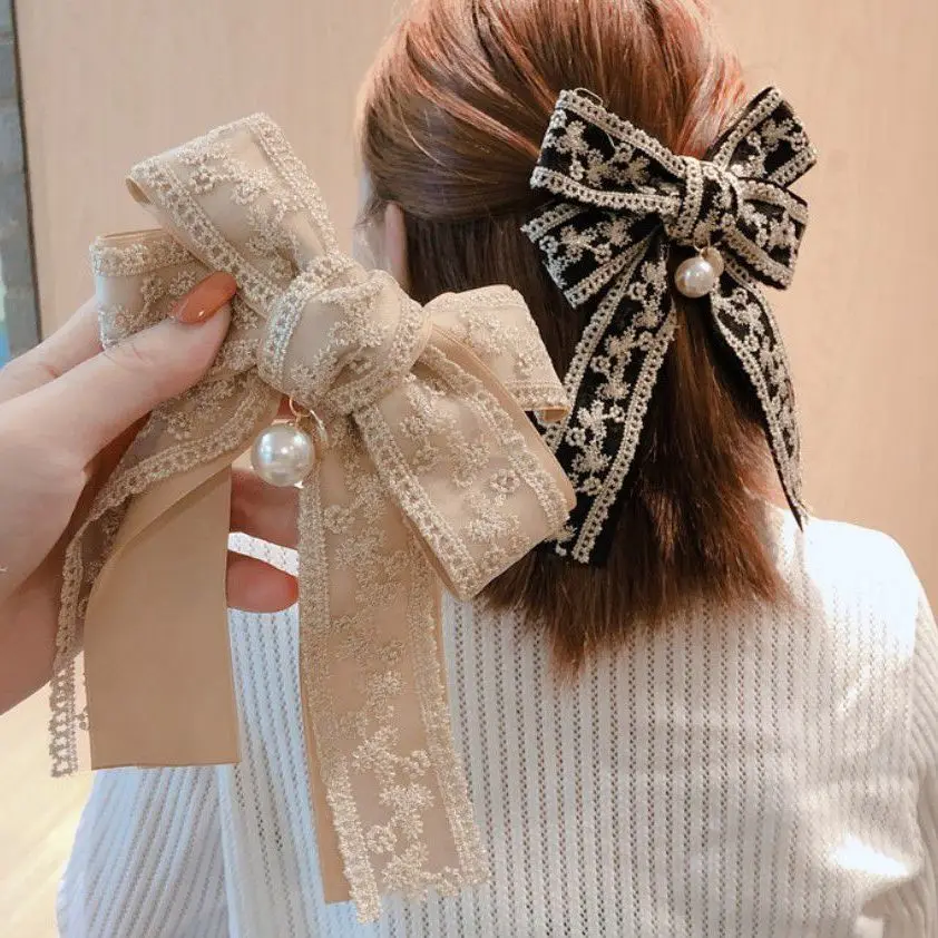

Korean Version of INS East Gate Vintage Double Layer Lace Bow Spring Clip Fashion Palace Style Embroidery Back Head Clip
