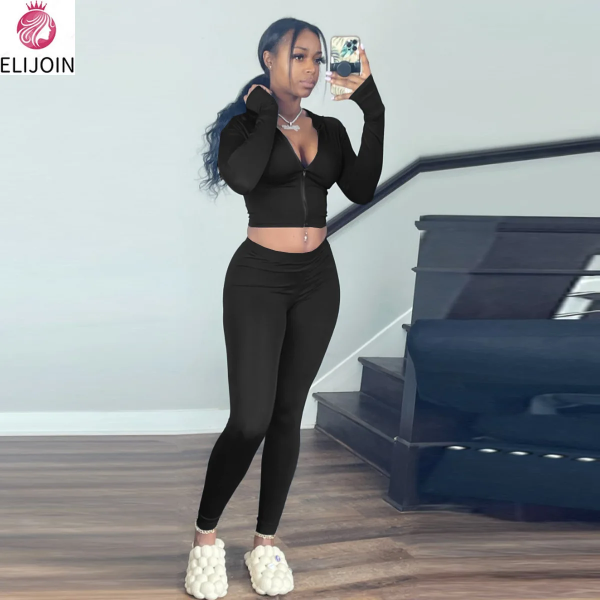 

ELIJOIN autumn hooded zipper solid color sports tight two-piece zipper jacket jacket and trousers sports suit