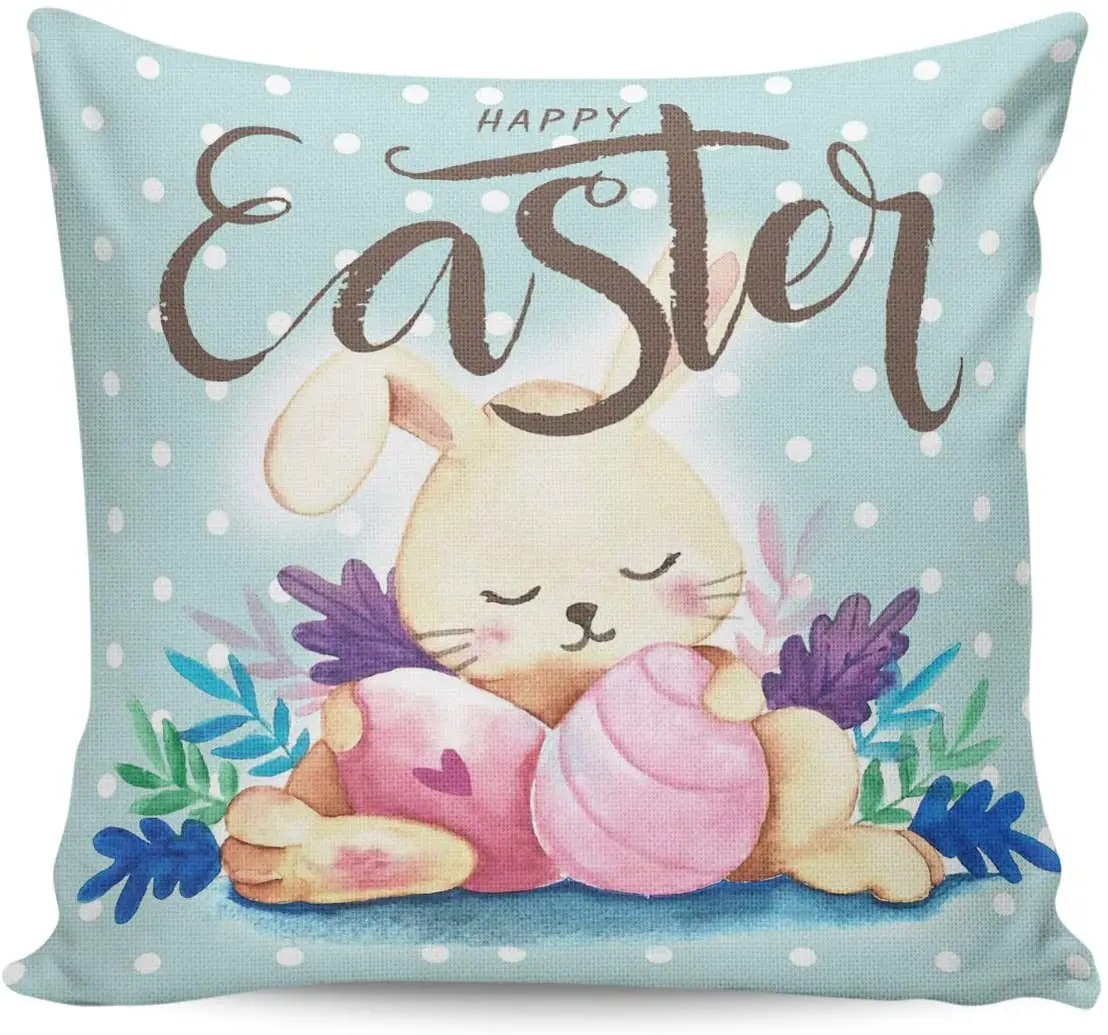

Throw Pillowcases Easter Bunny and Colorful Eggs, Cotton Linen Square Cushion Cover Pillow Case for Home Decorative Living Room