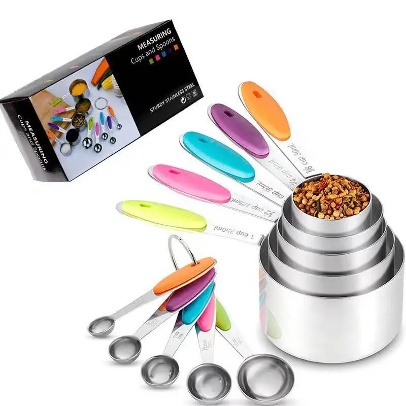 

Lsaening 10pcs Stainless Steel Measuring Cups and Scoops Set with Colored Soft Silicone Handles for Home Cooking and Baking