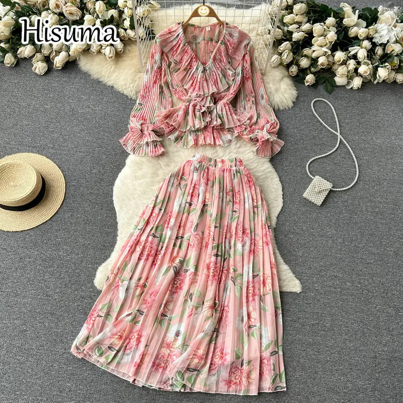 

Женский костюм из двух предметов, шифоновая рубашка с V-образным вырезом, рукавами-фонариками и оборками и юбка-трапеция с высокой талией, весна 2023