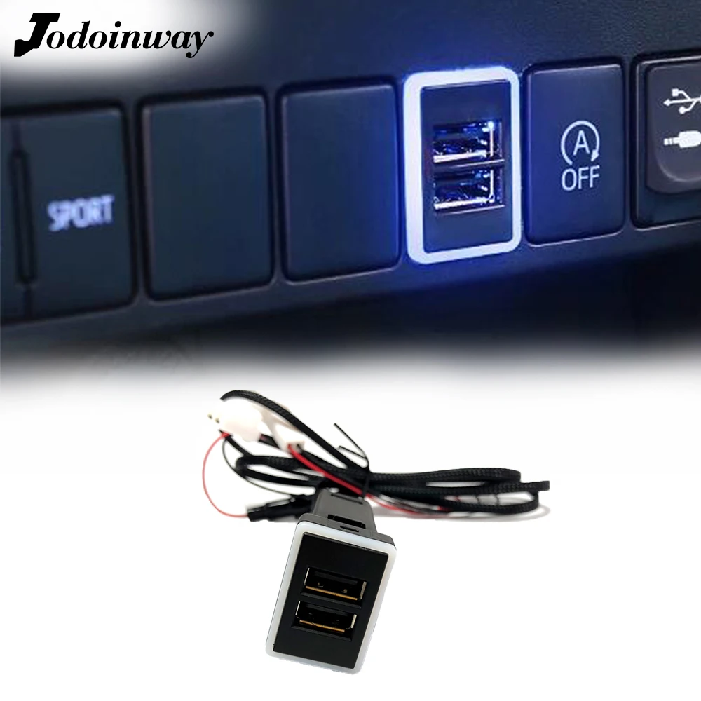 

Зарядное устройство с двумя USB-портами и синей светодиодной подсветкой, адаптер для зарядки для Toyota Camry Yaris Highlander Corolla Vios Reiz Prado RAV4