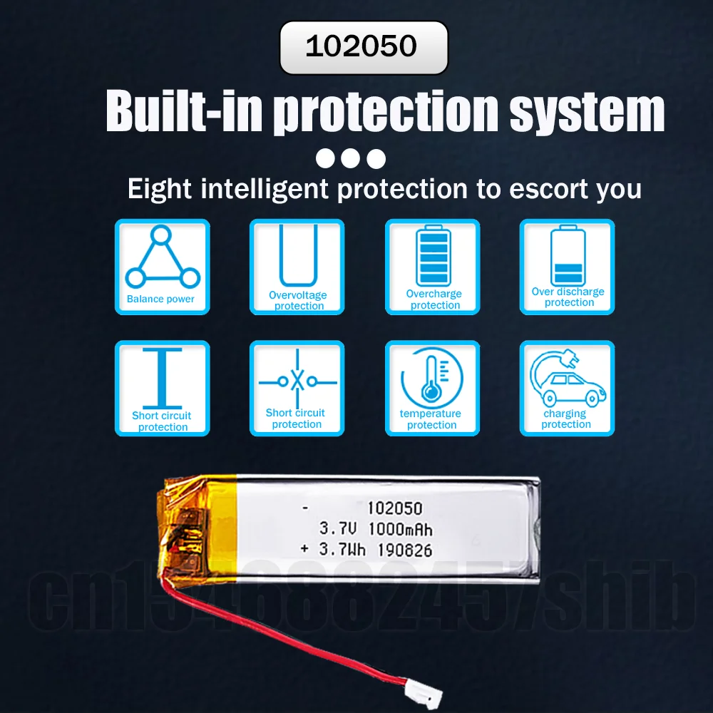 102050 3.7V 1000mAh Lithium Polymer Rechargeable Battery With PCB For MP3 GPS Recording Pen LED Light Bluetooth Headset Speaker - купить по