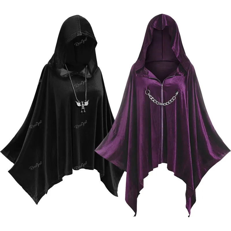 

ROSEGAL Gothic Hooded Chains Handkerchief Cape Ladies Halloween Batwing Sleeve Cloak Purple Asymmetrical Zipper Capes Tops 4XL