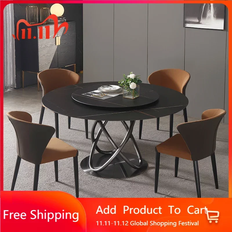 

Nordic Light Luxury Rock Slab Round Table Modern Simple Household Marble Top Dining Table And Chair Combination Furniture