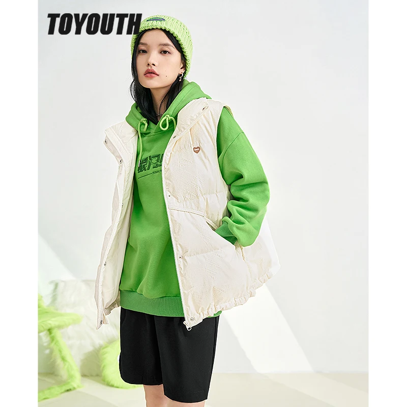 Toyouth Women Down Vest 2022 Winter Thick Stand Collar White Duck Down Warm Coat with Pocket White Black Loose Casual Outwear