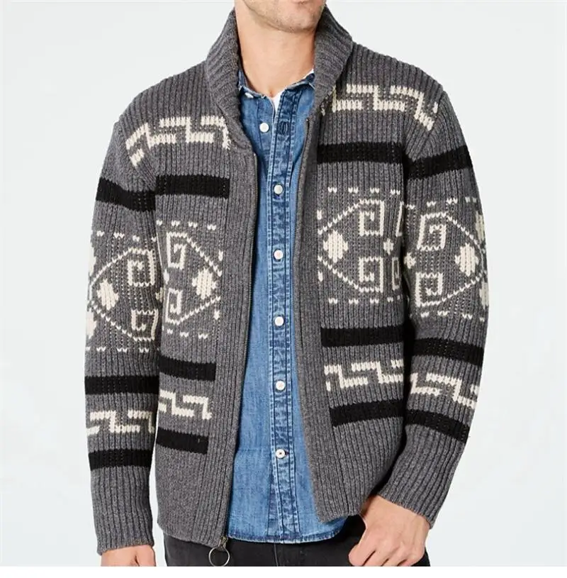 Men's Autumn And Winter New Style Street Fashion Lapel Casual Cardigan Coat Personality Pattern Jacquard Knit Sweater