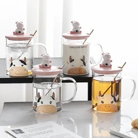 glass mug cute kawaii cow drinkware milk coffee water cup kitchen office delicate spoon with lid mug