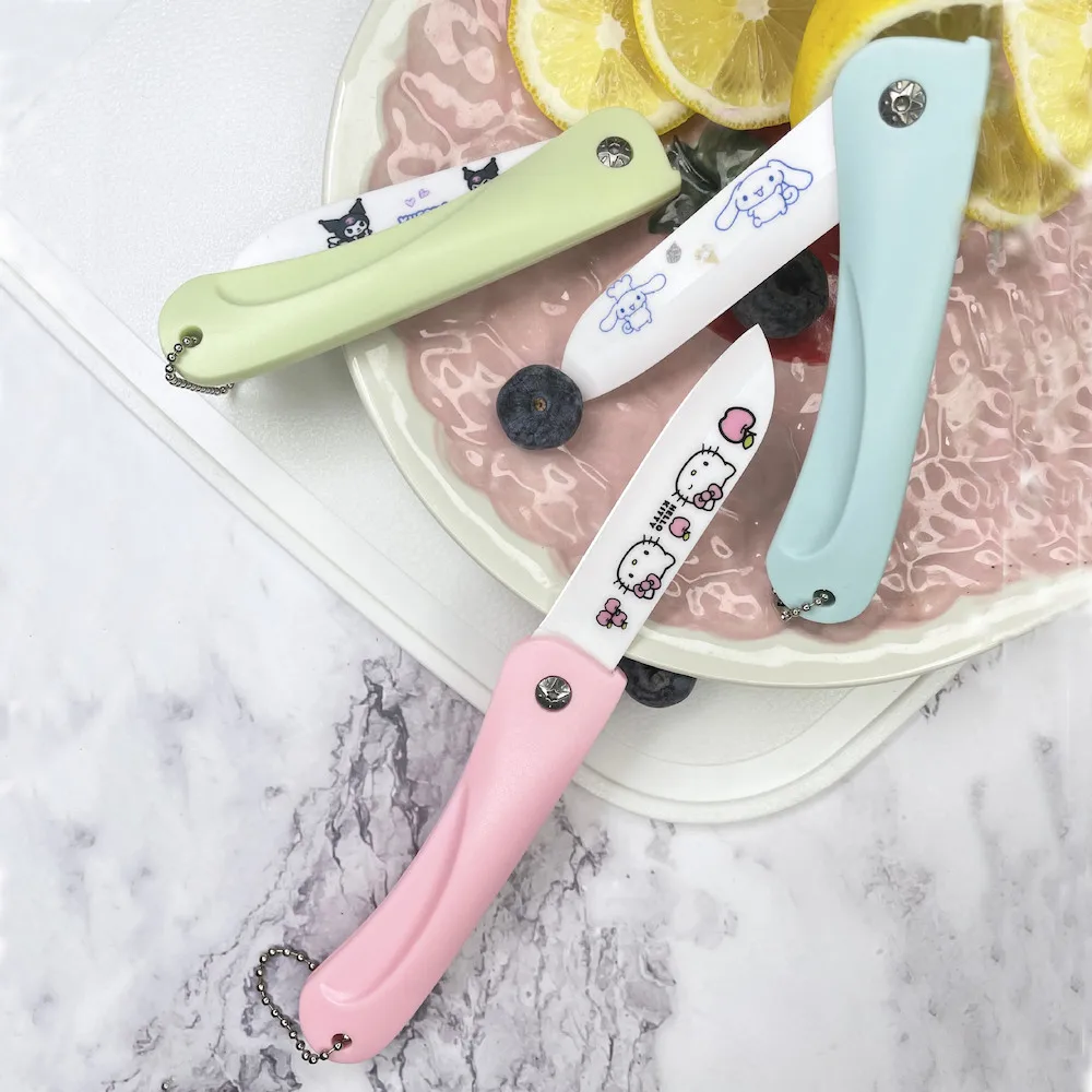 

Sanrio Kuromi Hello Kitty Cinnamoroll Fruit Knife Kawaii Ceramic Folding Knife Anime Portable Travel Mini Peeler Food Tool