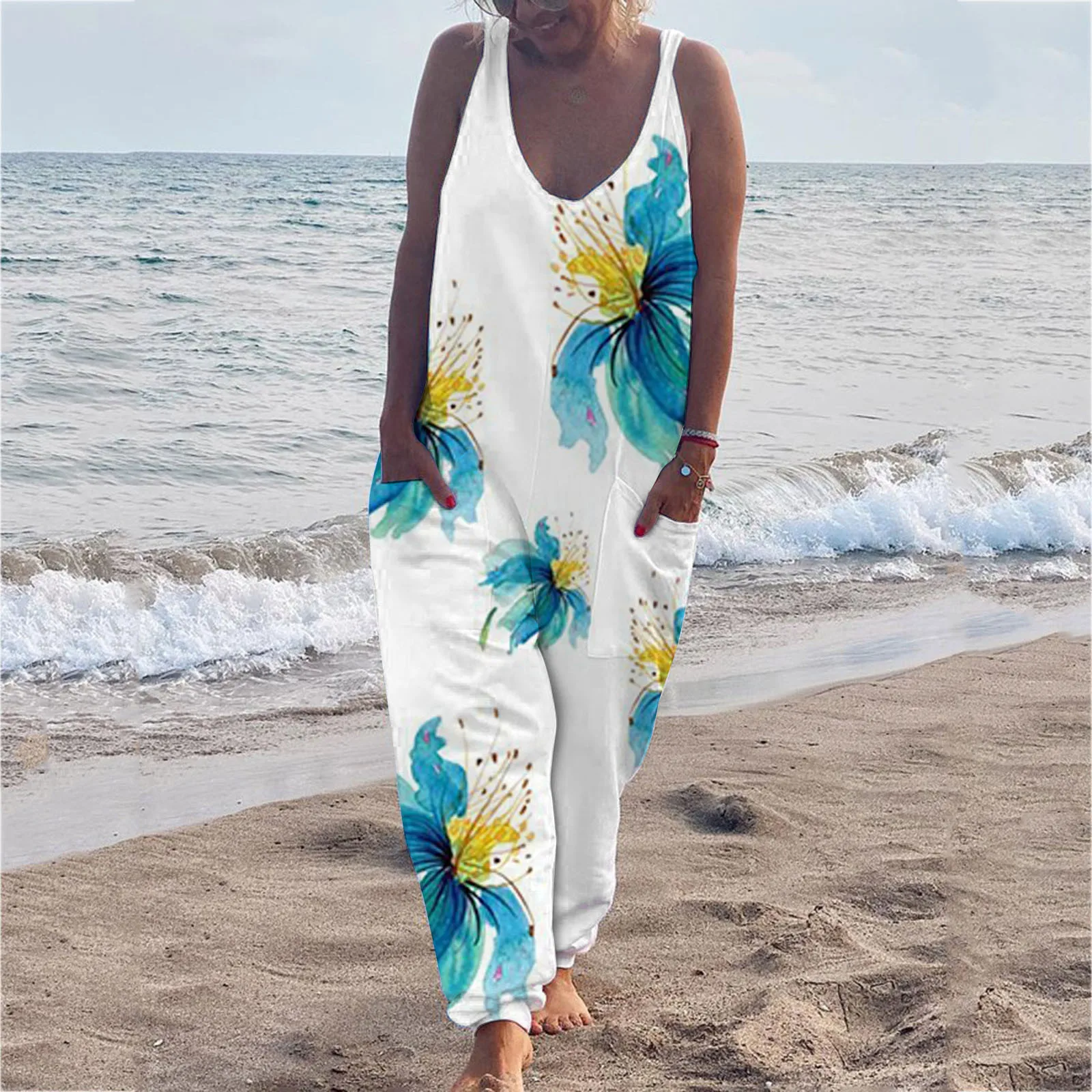 

Summer Loose Casual Flower Jumpsuit For Women Cotton Linen Long Romper Holiday Beach Playsuit Strap Women Jumpsuit Harem Pants