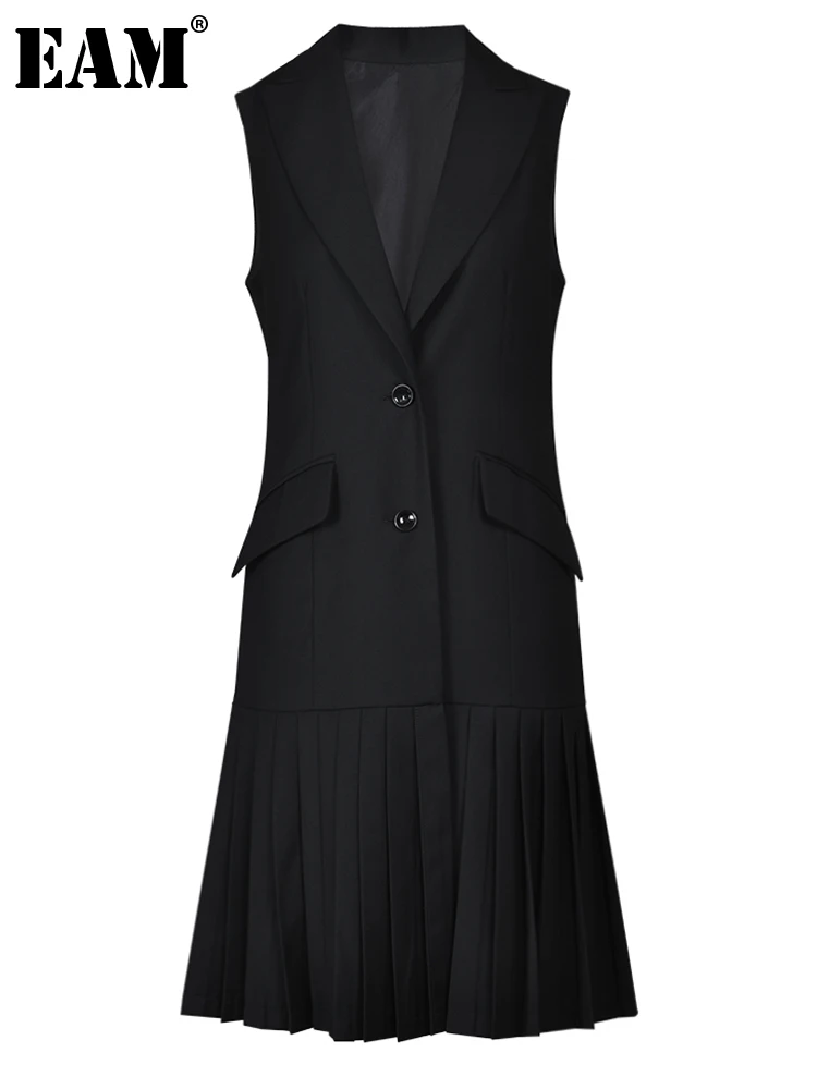 

[EAM] женский свободный черный плиссированный Длинный Элегантный жилет с отворотом, без рукавов, модный, весна-осень 2023, CP1100