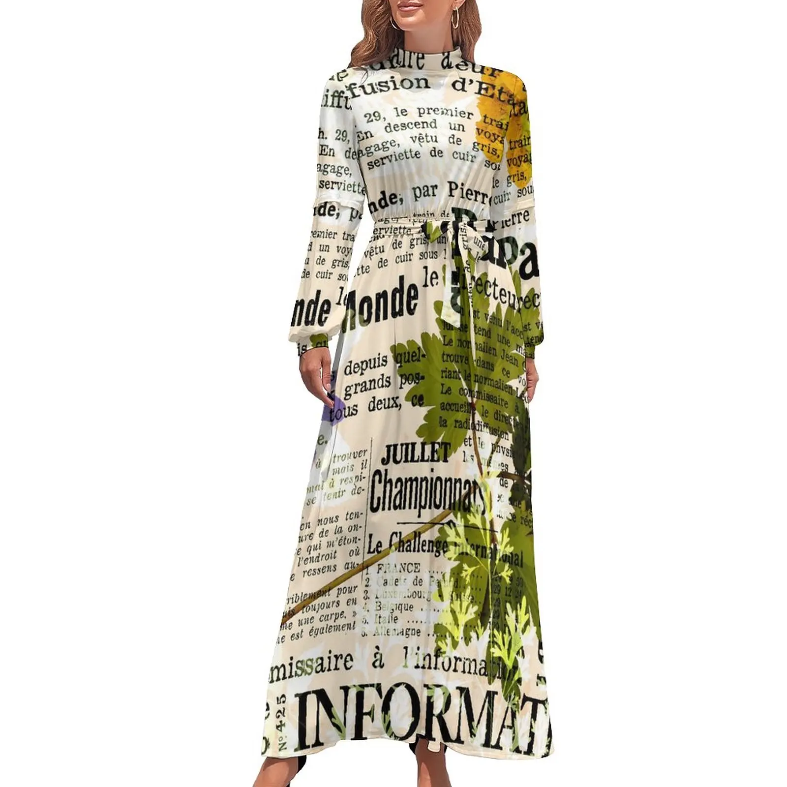 

Vintage Newspaper Dress Herbarium Print Sexy Pattern Maxi Dress High Waist Long Sleeve Korean Fashion Beach Long Dresses