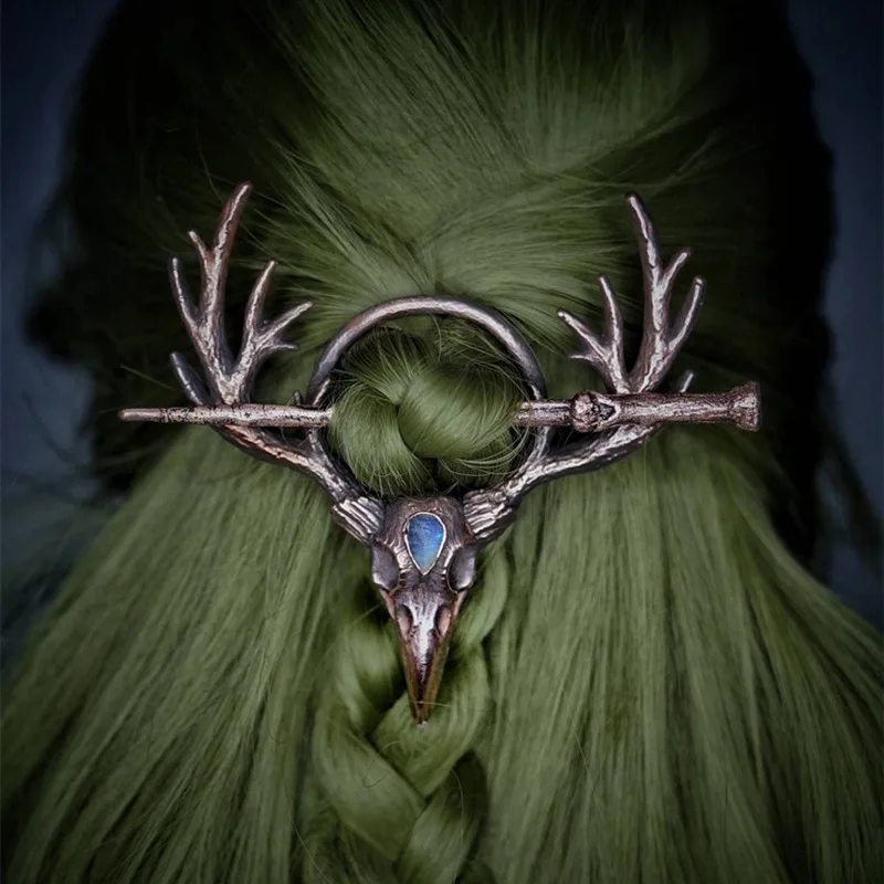 

Vintage Moonstone Hair Sticks for Women Gothic Retro Maple Crow Skull Antler Hair Chopsticks Hairpins Viking Hair Accessories