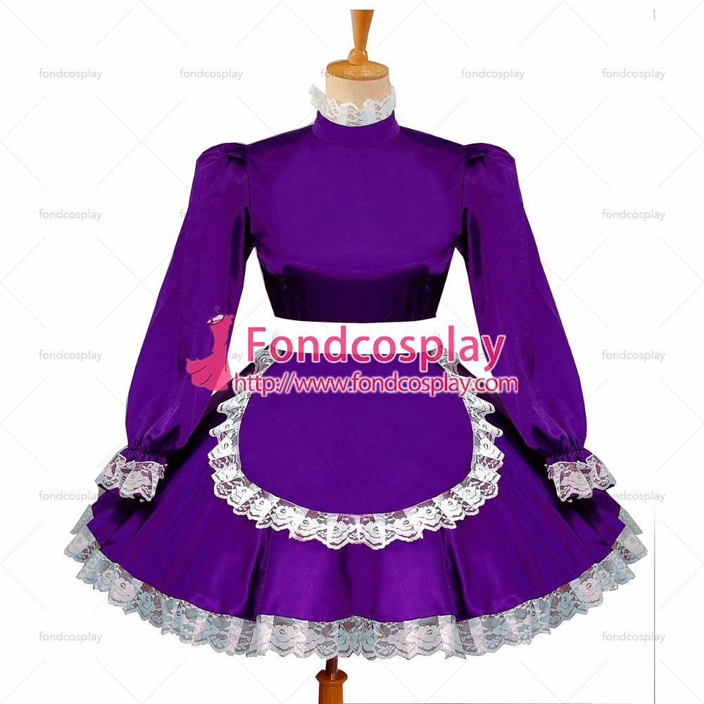 

adult sexy cross dressing sissy maid short Grape Purple Satin Dress apron Lockable Uniform Costume Custom-made[G580]
