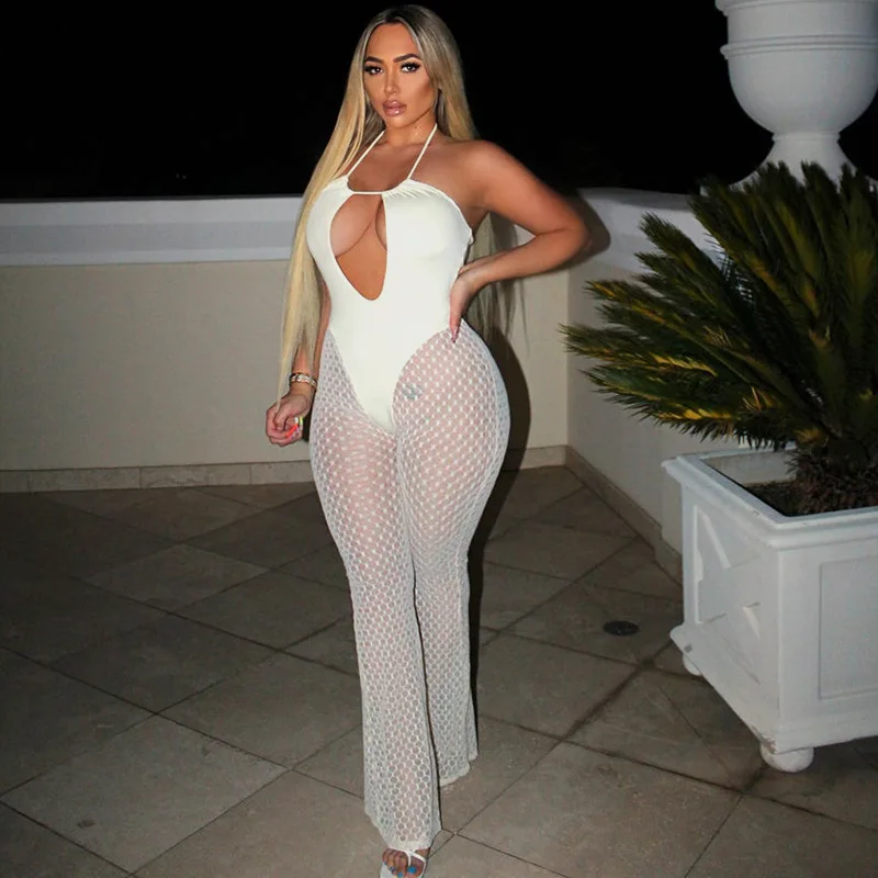 

Women Halter Sleeveless Hollow Chest Decoration Summer Clothing Jumpsuit with See-Through Mesh Stitching
