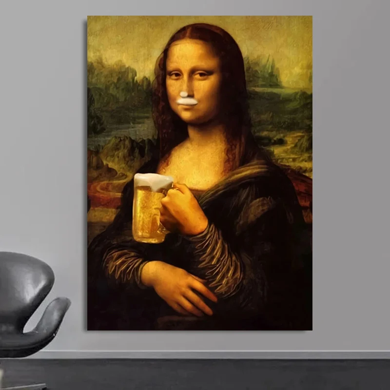 Картина на холсте кошка Питьевая пива в стиле ретро