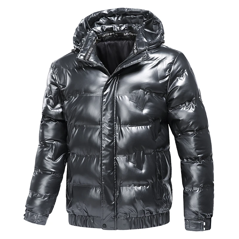 New Bright Leather Winter Men's Jacket Casual Parka Outwear Waterproof Puffer Padding Warm Stand With Hood Outwearing Coat