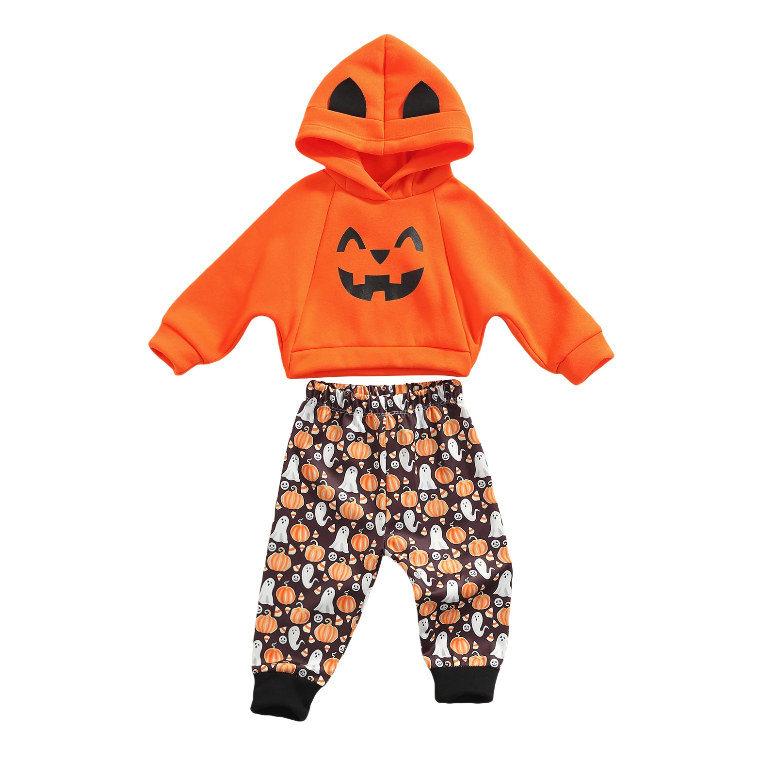 

Halloween Children 2PCS T-shirt and Trousers Set Cute Hooded Cloak Smiley Dress + Pumpkin Print Ghost Tops +Long Pants