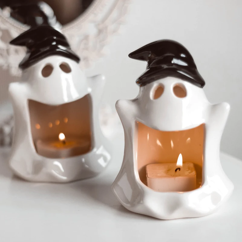 

Halloween Ghost Candle Holder High Temperature Tea Light Candlestick Cute Ceramic Ornaments Gifts Home Festival Party Decoration