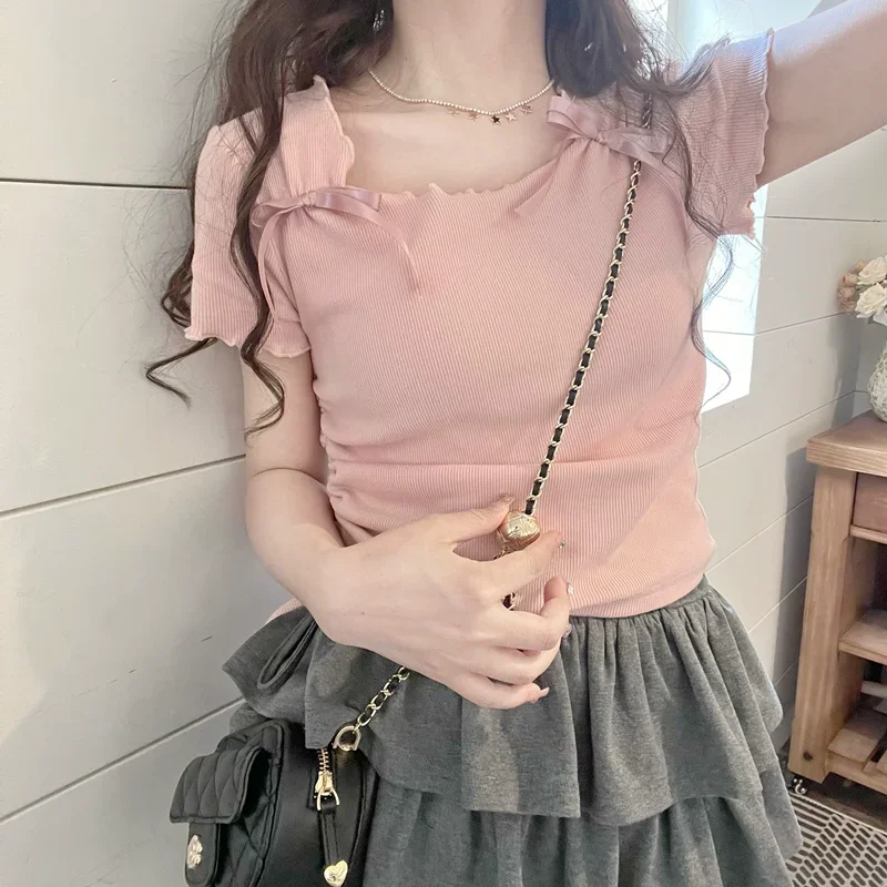 Женские футболки Y2k милые летние уютные тонкие гофрированные дизайнерские