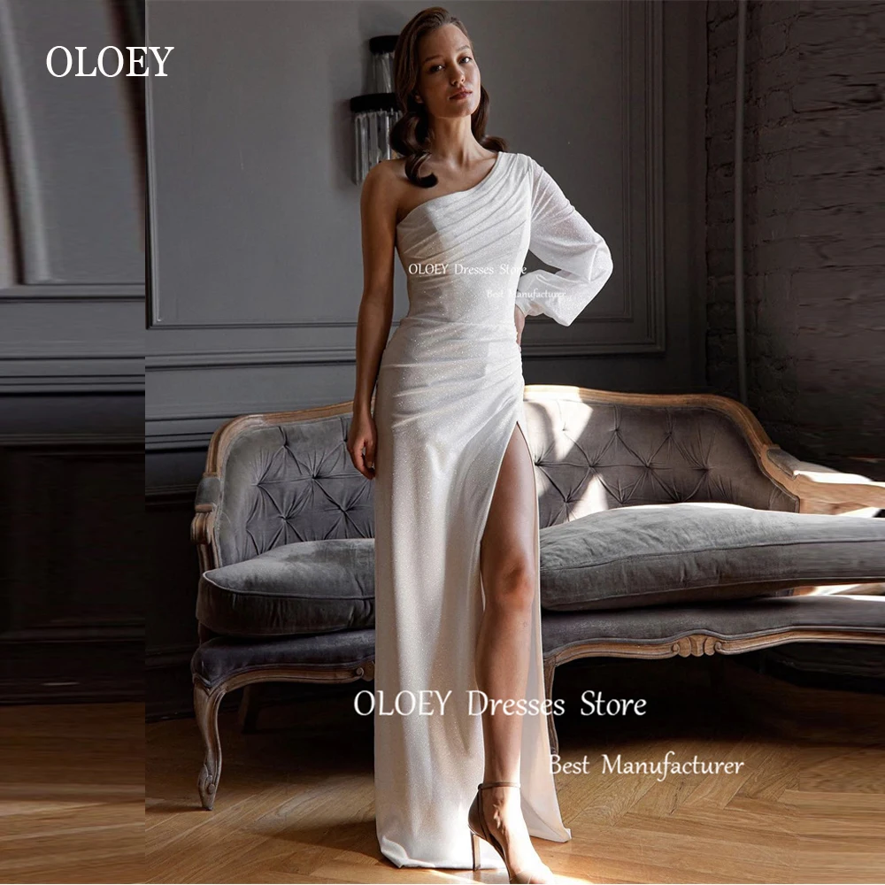 

OLOEY Glitter One Shoulder Wedding Dresses Puff Long Sleeve Split Floor Length Bridal Gowns Formal Occasion Party Dress Bride