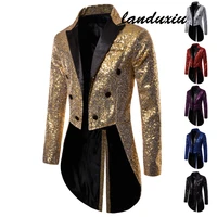 landduxiu men shiny gold sequins glitter tailcoat suit jacket male double breasted wedding groom tuxedo blazer