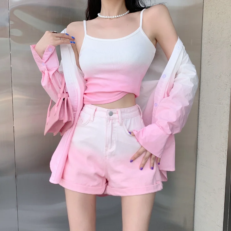 

Spring Fashion Street Three Pieces Sets Women Camis +Casual Shirt+ High Waist Denim Shorts Chic Gradual Summer Two Pieces Suits