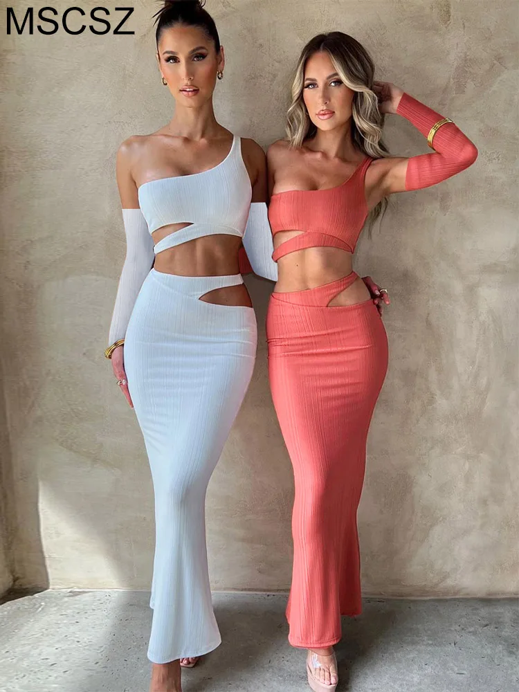 

Женский комплект из топа и юбки макси, комплект из двух предметов, соблазнительный костюм с вырезом и длинным рукавом для ночного клуба, лет...