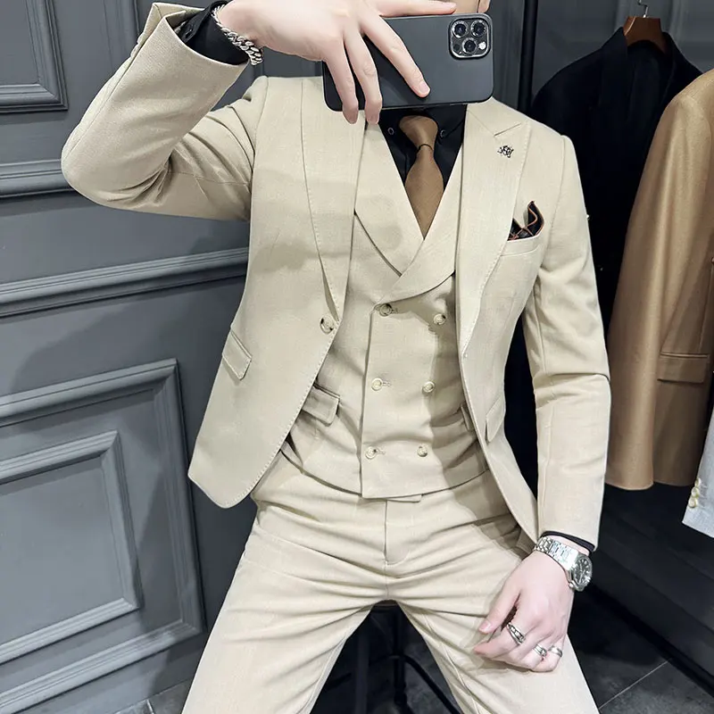 2023Wedding High-end Suit (Blazer+ Vest + Trousers) Fashion Business Handsome Banquet Dress Men's Casual Blazer Three-piece Set