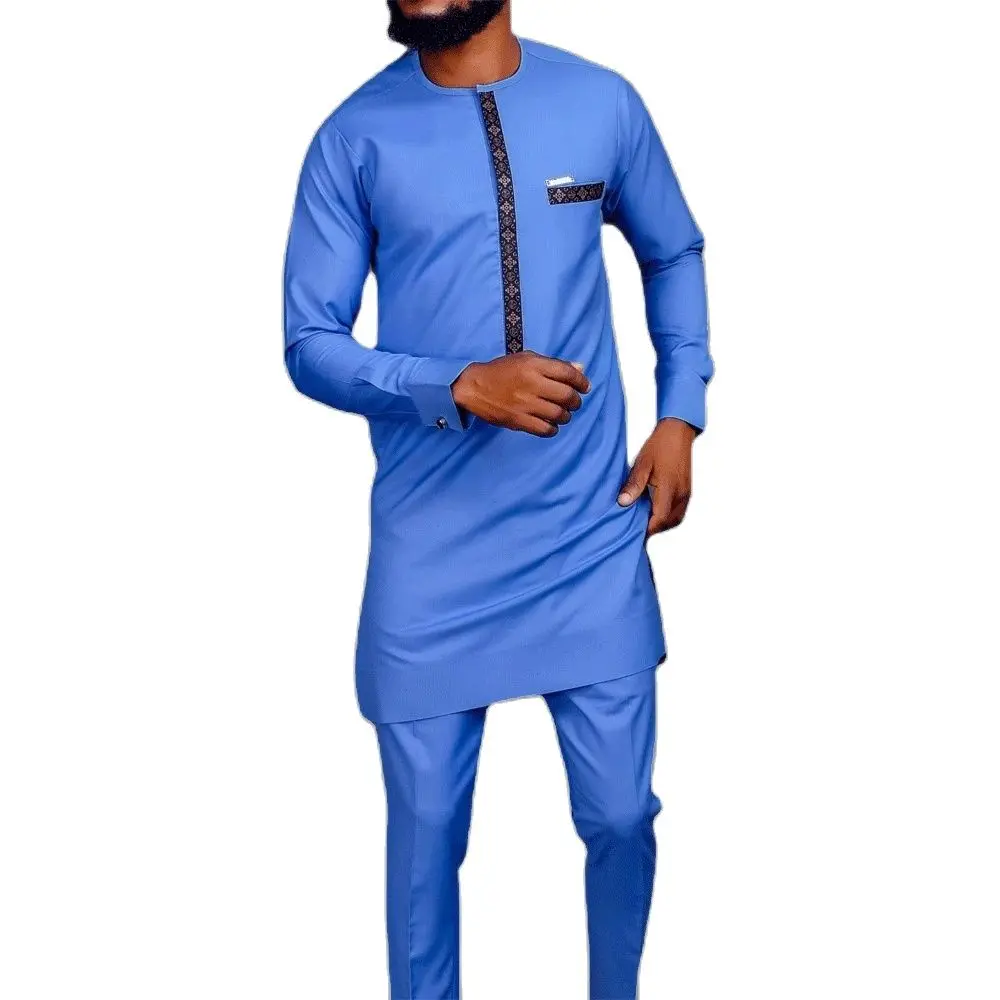 Dashiki African Men Clothing Men's Suit Blue Casual Long Sleeve Ethnic Print Shirt And Pants Two Piece Men's Sets (M-4XL) 2022