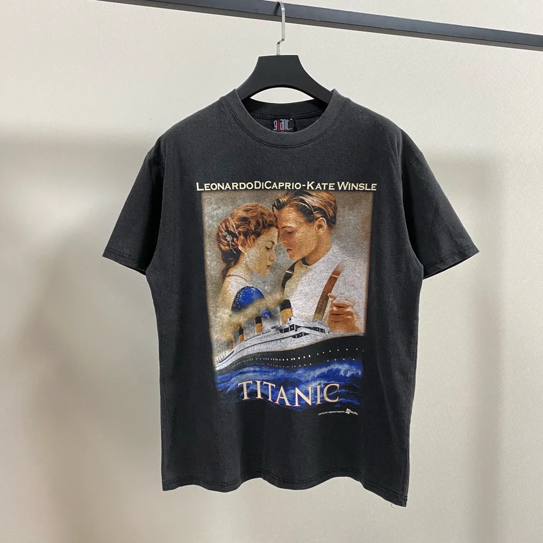 

Футболка Titanic с коротким рукавом для мужчин и женщин, Ретро футболка с принтом Джека и розы, Топ оверсайз с круглым вырезом