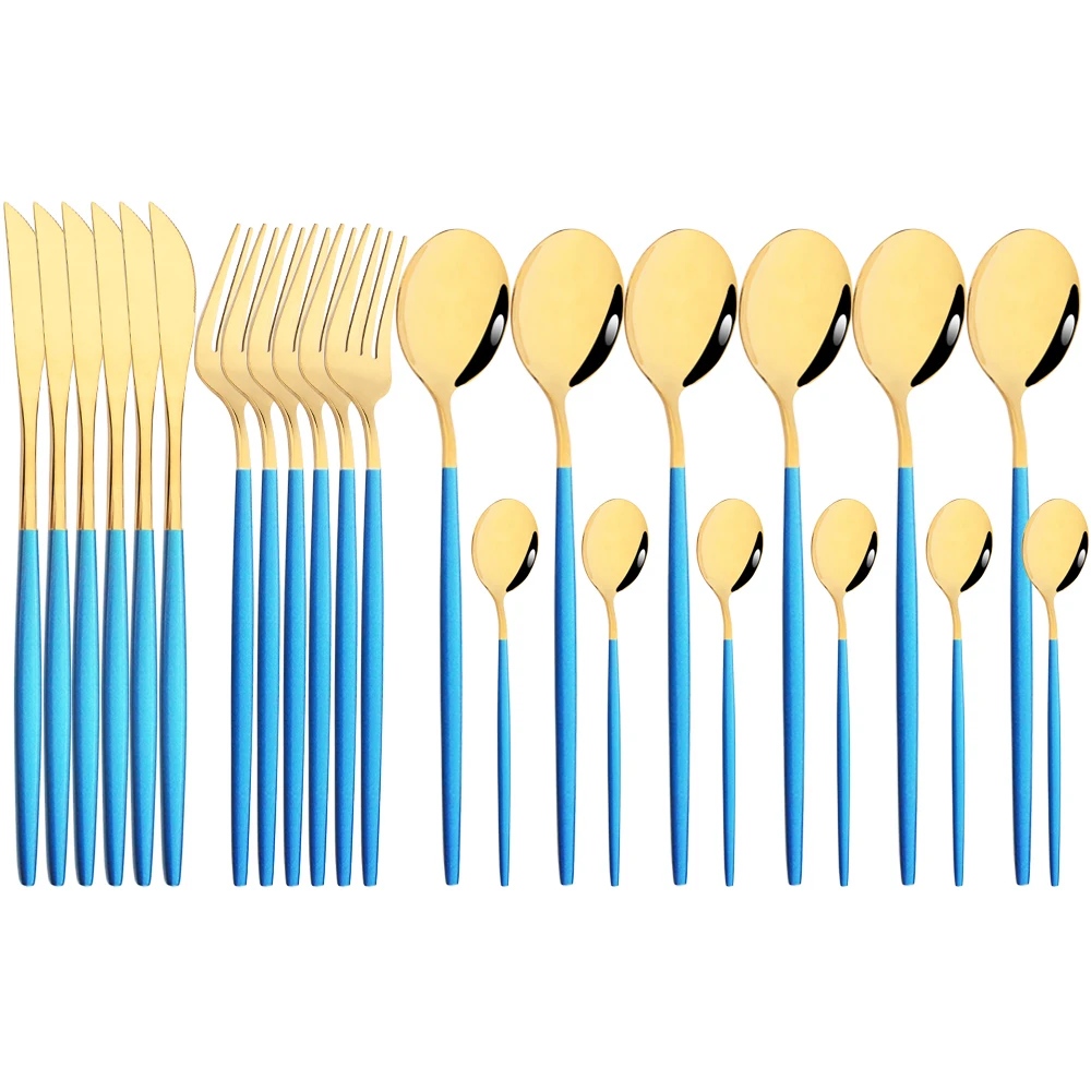 Blue Gold Dinnerware Set Western Flatware Silverware Knife Spoons Fork Set Stainless Steel Cutlery Mirror 24Pcs Tableware Sets