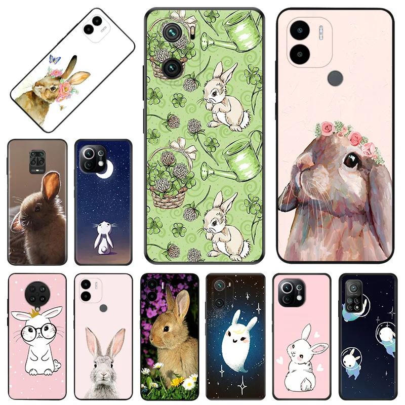 

Cute Bunny Animal Black Anti-Drop Phone Case For Xiaomi Mi 11 10 Note10 A2 10T 8 Lite 5G 11T 11i 9T CC9 Pro 9 9se Soft Cover