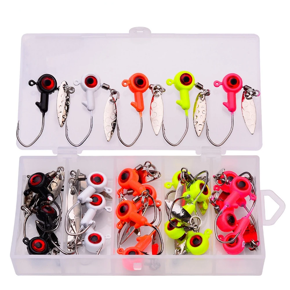 

25pcs/set Mixed Color Jig Head Hooks Spinner 1.4g-1.6g-3g Jigging Lures Hard&Soft Baits Artificial Fishing Lures