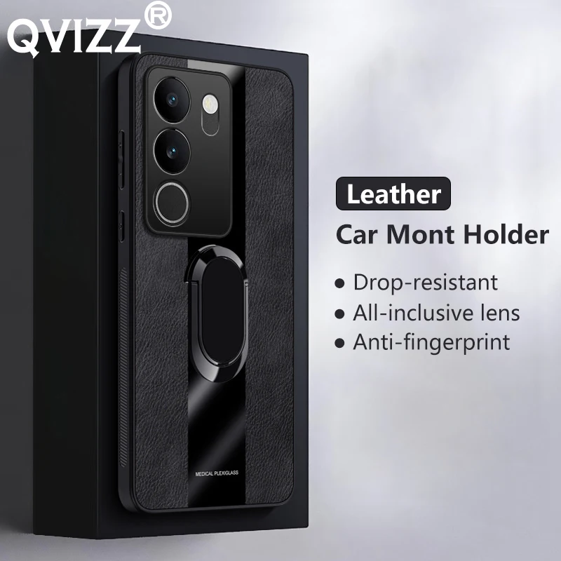 

Luxury Leather Case for vivo S17 Pro V2284A V2283A Plexiglass Car Magnetic Ring Holder Armor Shockproof Phone Cover vivoS17Pro