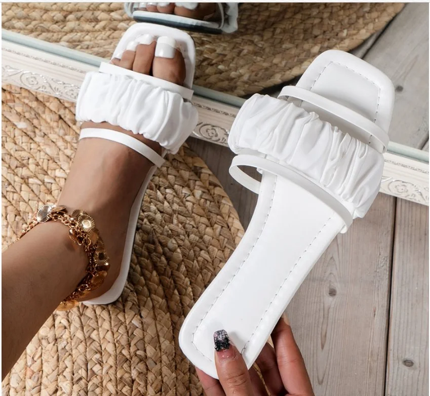 

Women's Fashion Flat Bottom Solid Color PU Leather Square Toe Sandals Slippers Summer Casual Beach Sandals