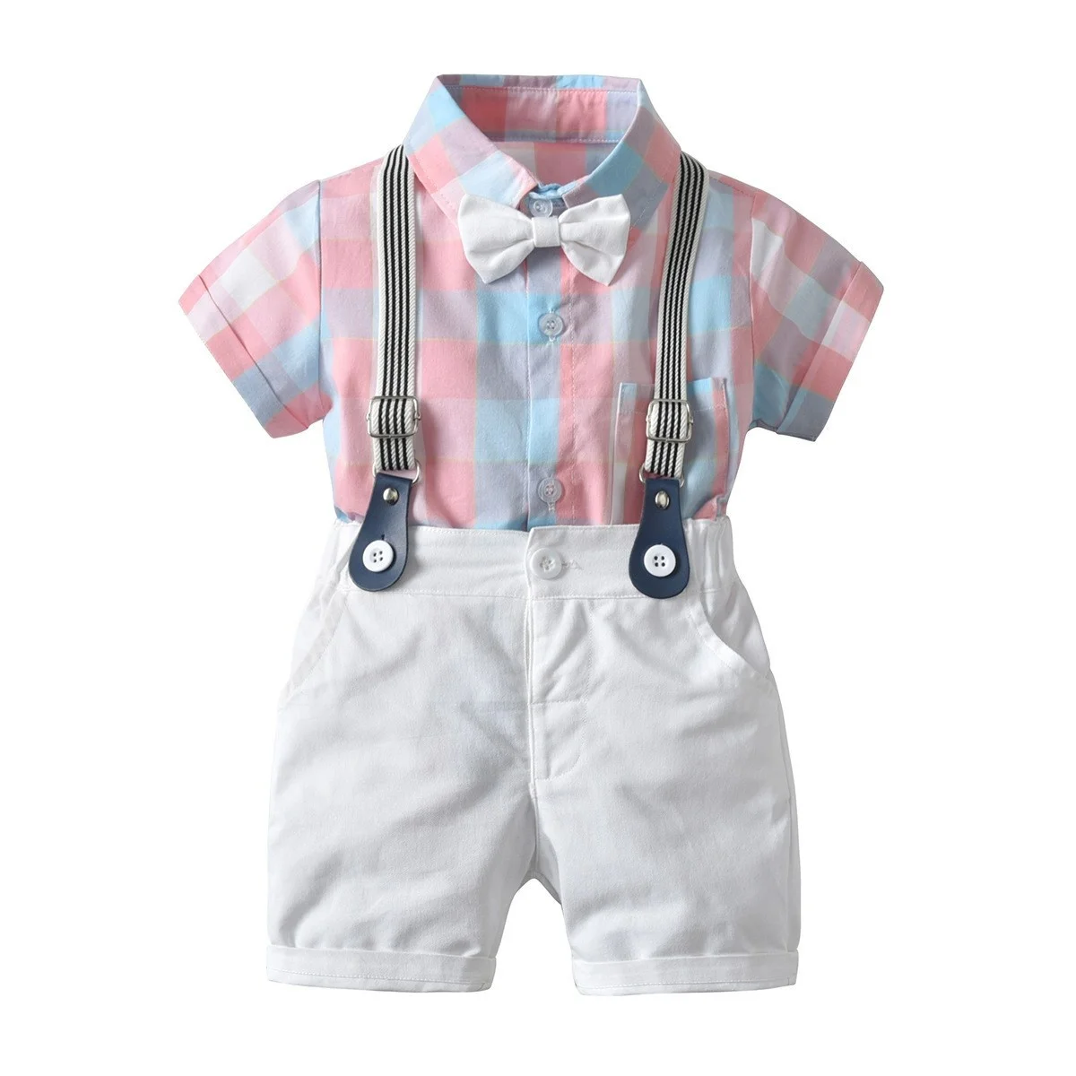 

Boys' Suit Gentlemen's Outfit Plaid Bow Tie Khaki Short Sleeve Jumpsuit Suspender Shorts Four Piece Suit kids Clothing Sets
