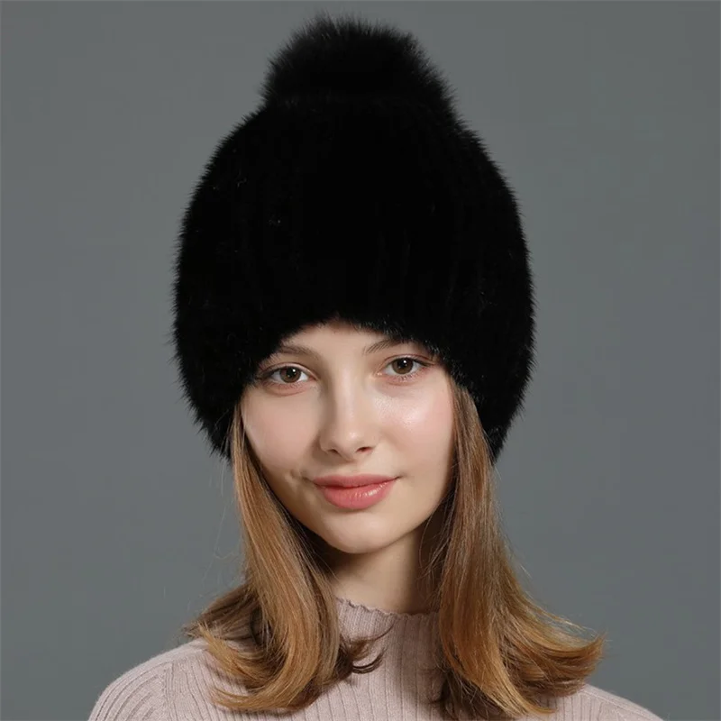Winter Women's Mink Hat Russian Natural Real Fur Knitted Hat Fashion Warm Fluffy Women's Fur Beanie Hat Women's Fur Straw Hat
