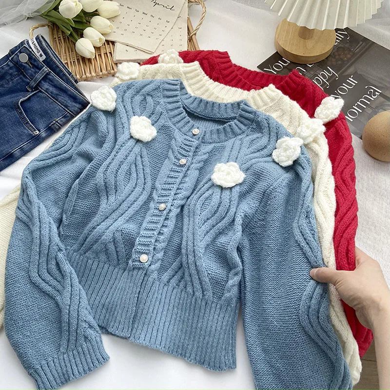 

Knitted 3D Flowers Sweater New Autumn Cardigan Single Breasted Sweaters Female Casual Ladies O-Neck Women Clothes Dropshipping