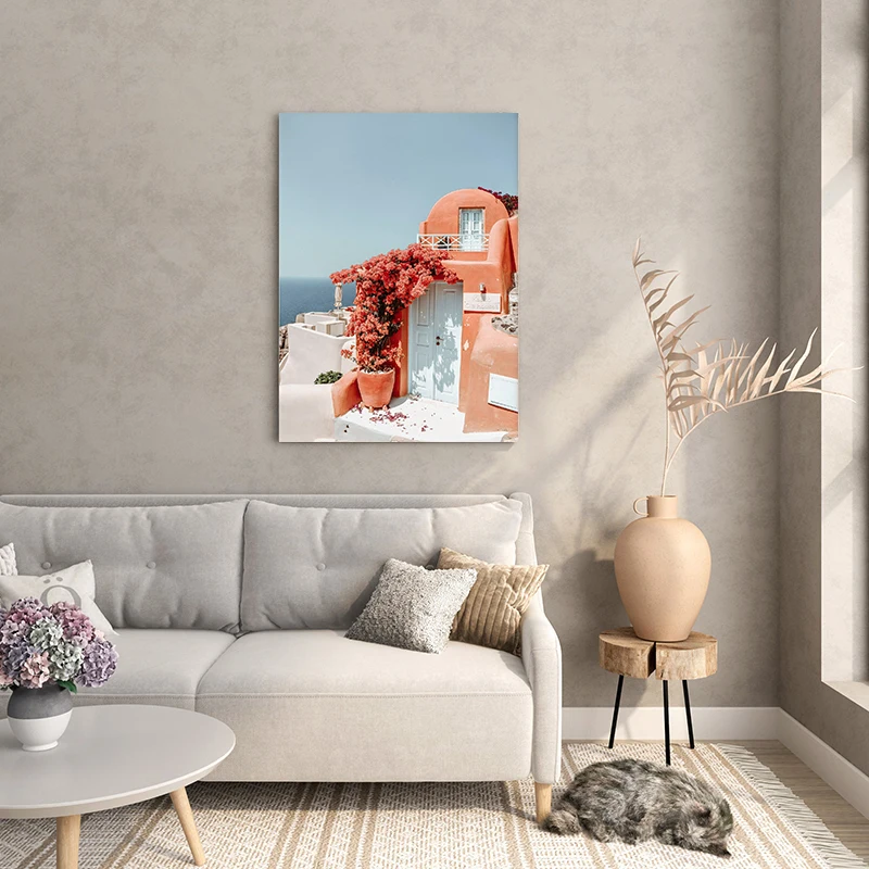 Greek Art Mykonos Poster Europe Red Flowers and White Wall Picture Print Canvas Painting for Modern Living Room Home Decor