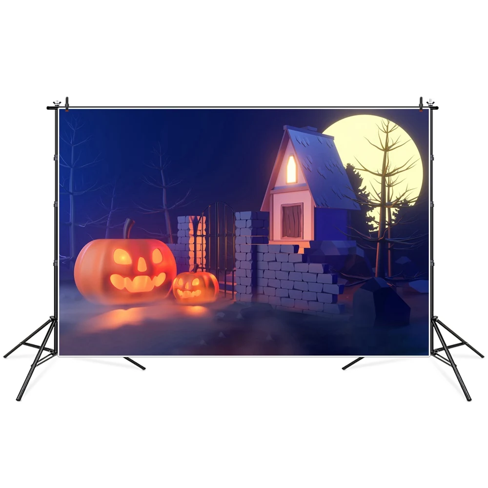 

Moon Night Yard Gate Pumpkin Lantern Halloween Photography Backgrounds Custom Baby Party Home Decoration Photo Backdrops Props