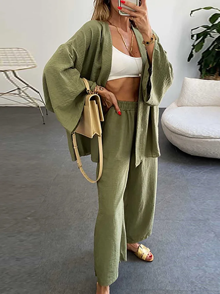 

Women Casual Solid Pockets Pants Outfits Lady V Neck Top Wide Leg Pants Suit Batwing Sleeve Spring Autumn Loose Two Pieces Set