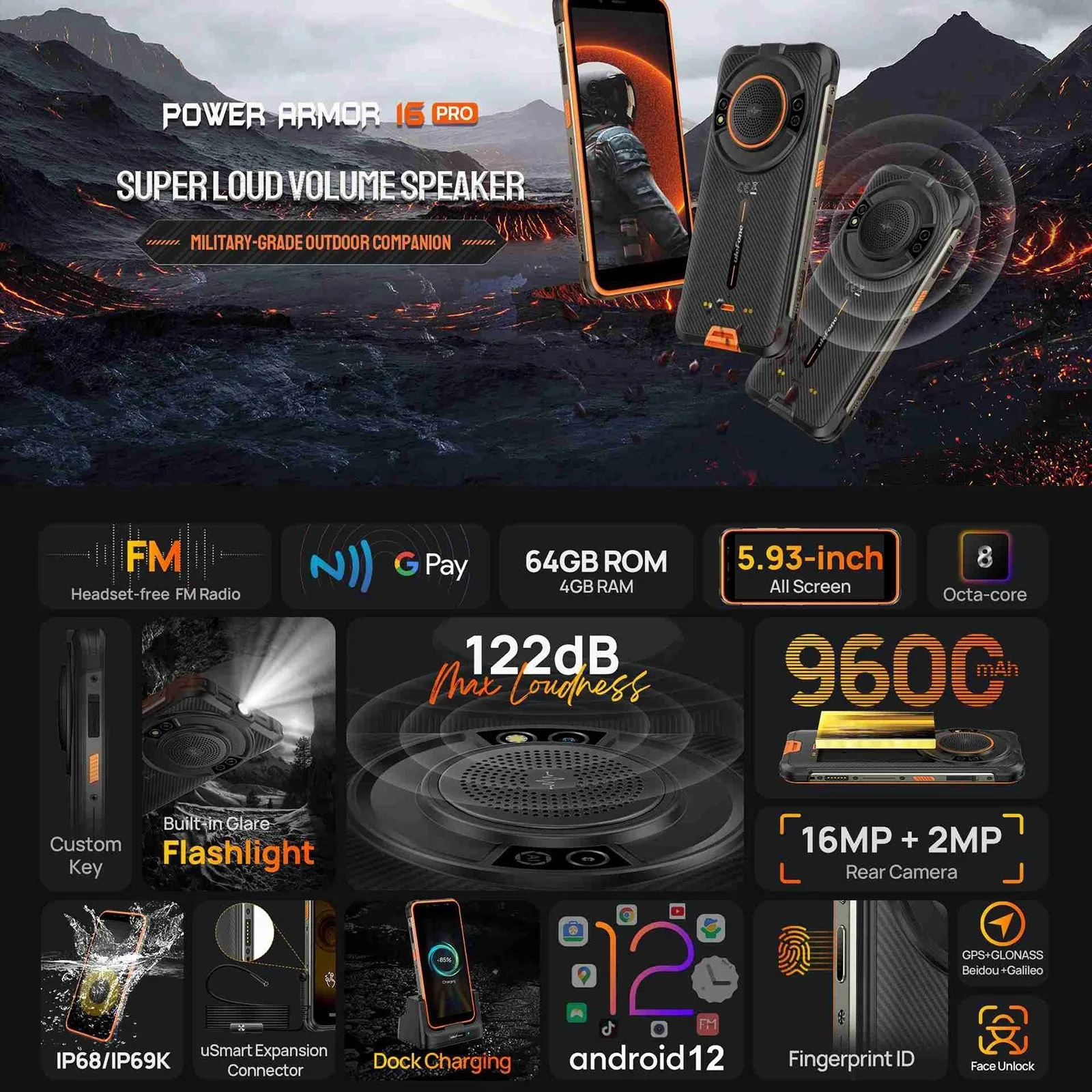 Смартфон Ulefone Power Armor 16 Pro 4 + 64 ГБ 9600 мАч Android 12 NFC