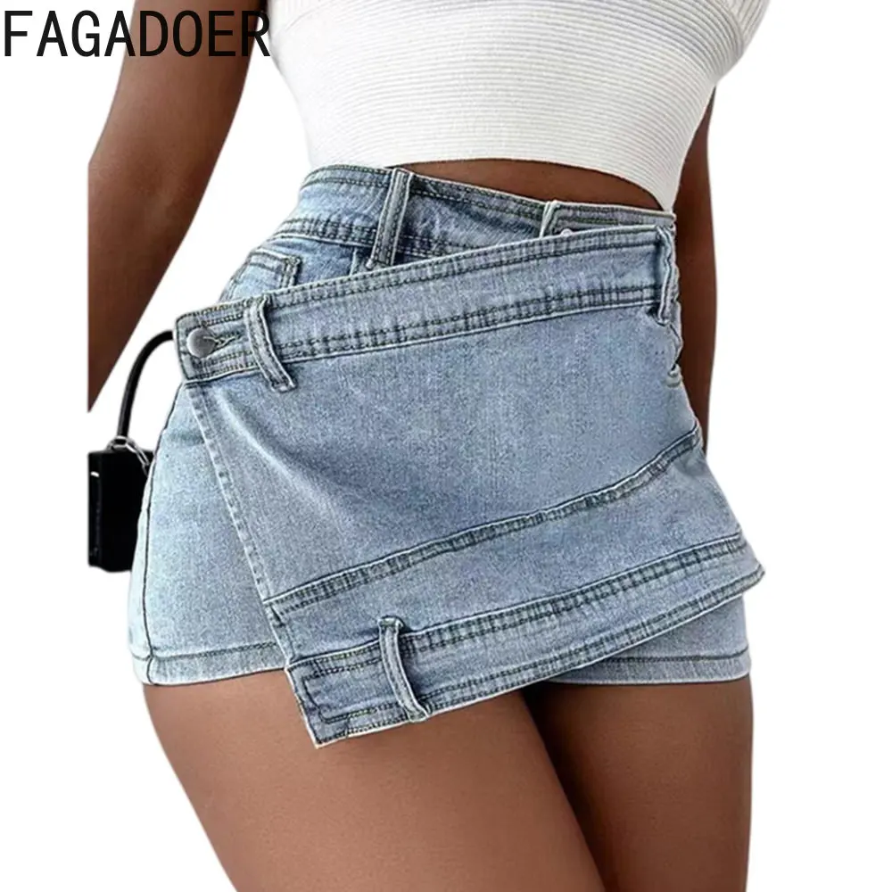 FAGADOER Fashion Streetwear Women High Waisted Irregular Shorts Casual Female Denim Shorts Blue Summer Pocket Clothing Bottoms