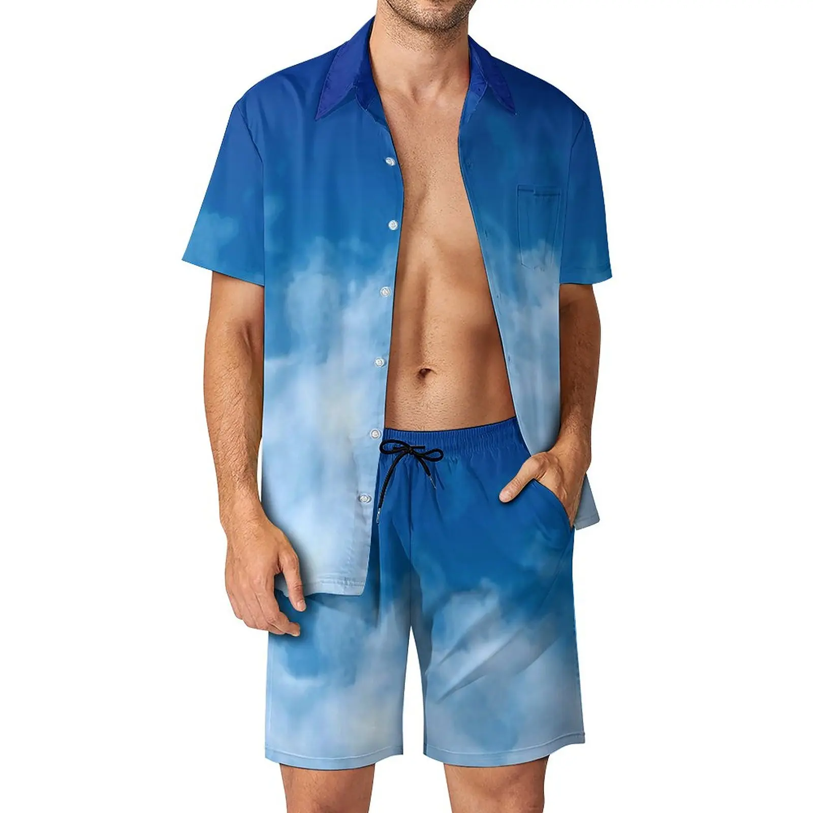 

Soft Cloud Men Sets Deep Blue Sky Print Vintage Casual Shirt Set Short Sleeve Design Shorts Summer Vacation Suit 2XL 3XL