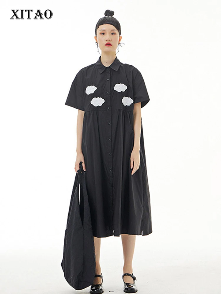 

XITAO Single Breasted Dress Women Korea 2022 Summer New Personality Fashion Loose Turn-down Collar Short Sleeve Dress WMD6333
