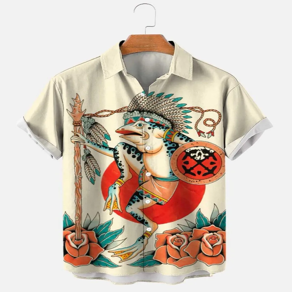 Solid Color Shirt For Men Clothings 3D Printing Elvis Frog Fish Short Sleeve Blouse The Flowers Oversized Venom Street Wear